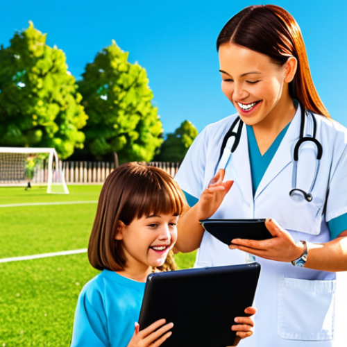 Home 15 A child happily playing soccer in a park, with a clear blue sky. In the background, a friendly doctor is talking to the child's parents, reviewing an asthma action plan on a tablet. The scene emphasizes healthy activity and proactive asthma management. Style: Illustration, bright colors.