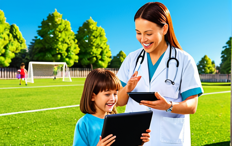 A child happily playing soccer in a park, with a clear blue sky. In the background, a friendly doctor is talking to the child's parents, reviewing an asthma action plan on a tablet. The scene emphasizes healthy activity and proactive asthma management. Style: Illustration, bright colors.