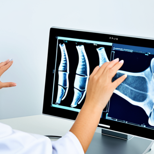 Home 14 A professional female pediatrician in a clean, modest medical uniform, carefully observing a digital X-ray image of a child's hand and wrist on a large monitor in a bright, modern clinic. The X-ray clearly highlights the epiphyseal growth plates. The scene is calm and professional, emphasizing medical expertise and advanced diagnostics. safe for work, appropriate content, fully clothed, professional, modest clothing, perfect anatomy, correct proportions, natural pose, well-formed hands, proper finger count, natural body proportions, professional photography, high resolution, clear focus.