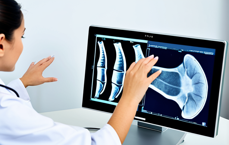 A professional female pediatrician in a clean, modest medical uniform, carefully observing a digital X-ray image of a child's hand and wrist on a large monitor in a bright, modern clinic. The X-ray clearly highlights the epiphyseal growth plates. The scene is calm and professional, emphasizing medical expertise and advanced diagnostics. safe for work, appropriate content, fully clothed, professional, modest clothing, perfect anatomy, correct proportions, natural pose, well-formed hands, proper finger count, natural body proportions, professional photography, high resolution, clear focus.