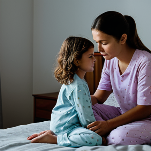 Home 7 A child (approx. 7 years old) in modest pajamas, sitting on a bed in a dimly lit, cozy bedroom. A caring parent gently massages the child's calf. The child has a slightly sleepy, mildly uncomfortable expression, while the parent looks comforting and attentive, conveying reassurance. Soft, warm lighting creates a peaceful atmosphere. fully clothed, appropriate attire, safe for work, perfect anatomy, correct proportions, natural pose, well-formed hands, proper finger count, natural body proportions, professional photography, high quality, family-friendly.