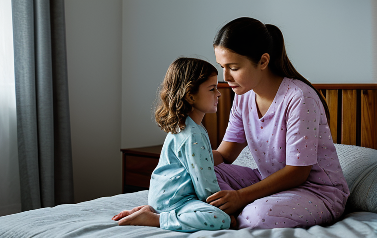 A child (approx. 7 years old) in modest pajamas, sitting on a bed in a dimly lit, cozy bedroom. A caring parent gently massages the child's calf. The child has a slightly sleepy, mildly uncomfortable expression, while the parent looks comforting and attentive, conveying reassurance. Soft, warm lighting creates a peaceful atmosphere. fully clothed, appropriate attire, safe for work, perfect anatomy, correct proportions, natural pose, well-formed hands, proper finger count, natural body proportions, professional photography, high quality, family-friendly.