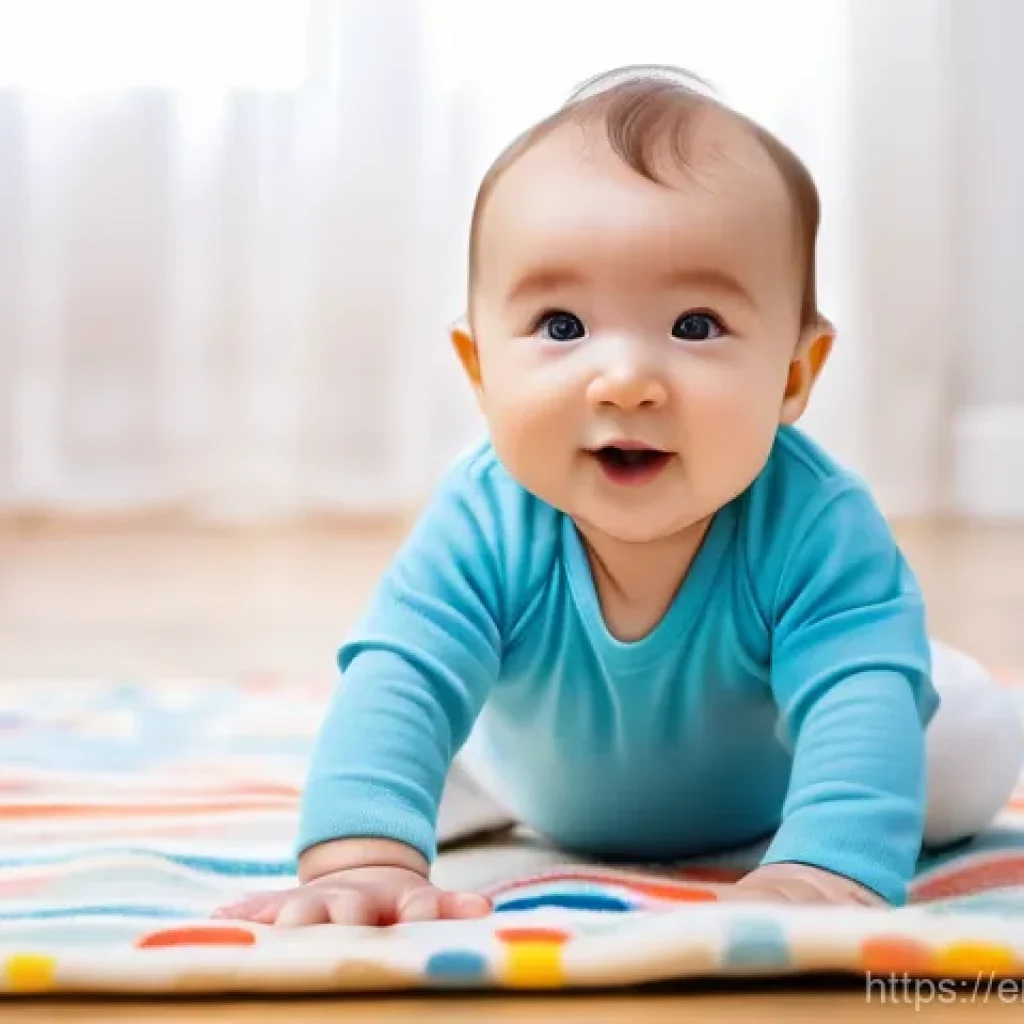 영유아 비만 관리법과 전문 병원 추천 - A joyful infant, approximately 8 months old, happily engaged in tummy time on a soft, brightly patte...