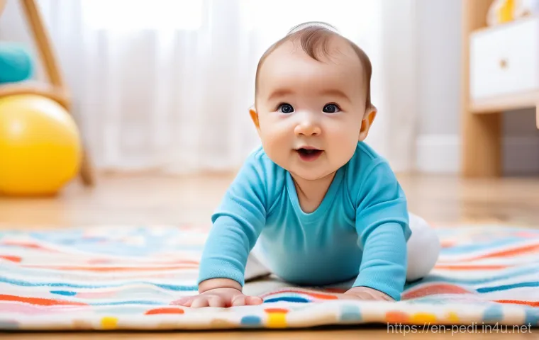 영유아 비만 관리법과 전문 병원 추천 - A joyful infant, approximately 8 months old, happily engaged in tummy time on a soft, brightly patte...