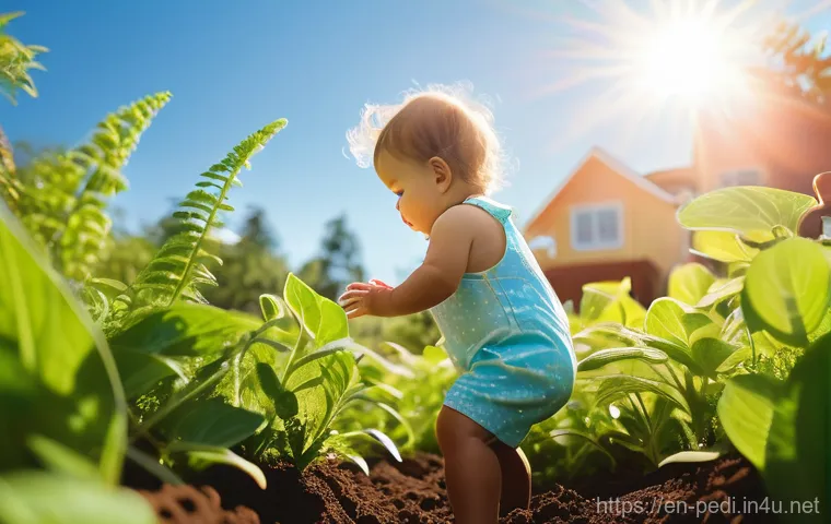 소아과에서 시행하는 기생충 검사 - **A Curious Explorer in the Garden:** A vibrant, photorealistic image of a curious toddler, approxim...