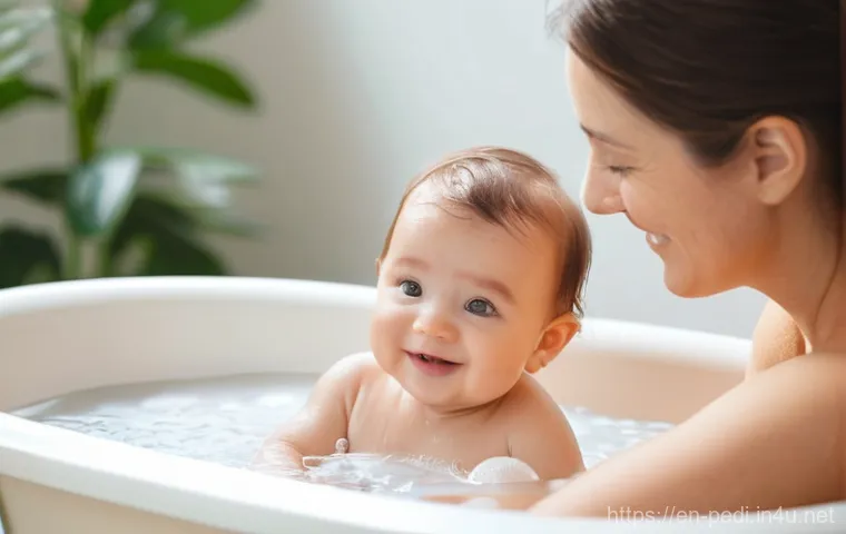 영유아 피부 건강을 위한 관리법 - **Gentle Bath Time Bonding:** A heartwarming, soft-focus portrait of a parent (gender-neutral, e.g.,...