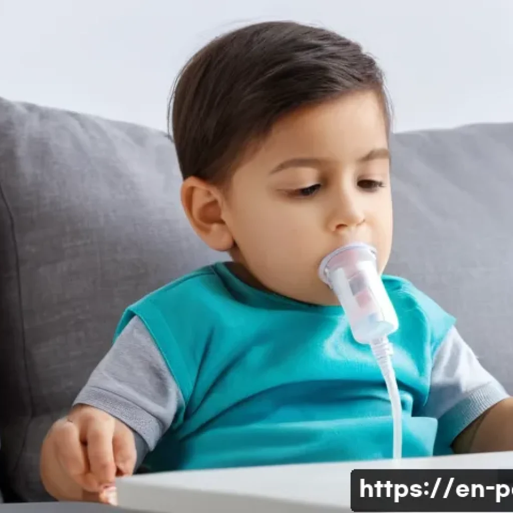 소아 천식 발작 시 응급 대처 방법 - A detailed scene of a young child wearing comfortable clothing and sitting calmly on a living room c...