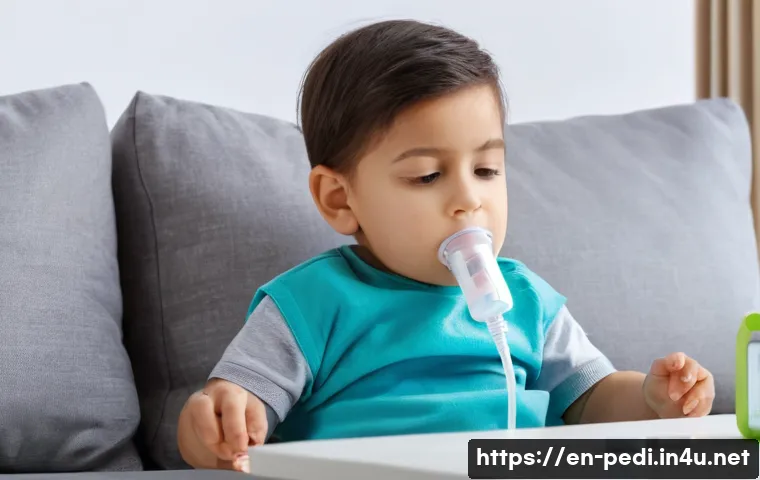 소아 천식 발작 시 응급 대처 방법 - A detailed scene of a young child wearing comfortable clothing and sitting calmly on a living room c...