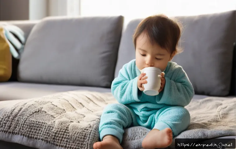 소아 인후염 증상과 예방 방법 - A tender scene showing a young child, around 3 years old, wearing a cozy long-sleeve pajama set and ...