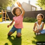 아이들의 비타민D 결핍 예방과 치료법 - A cheerful scene of diverse children aged 4 to 8 playing outdoors in a sunny backyard during late mo...