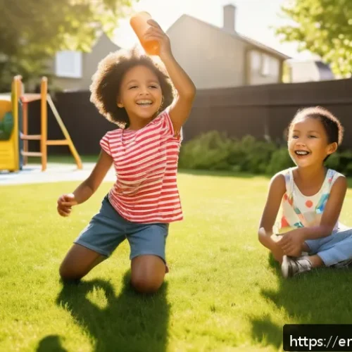아이들의 비타민D 결핍 예방과 치료법 - A cheerful scene of diverse children aged 4 to 8 playing outdoors in a sunny backyard during late mo...