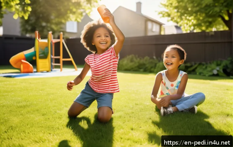 아이들의 비타민D 결핍 예방과 치료법 - A cheerful scene of diverse children aged 4 to 8 playing outdoors in a sunny backyard during late mo...