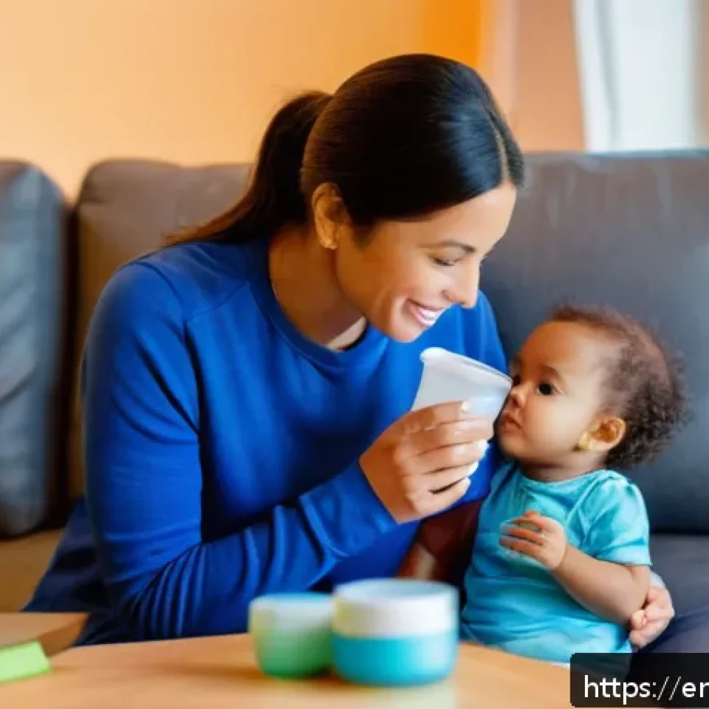 아이들의 구토와 설사 대처 방법 - A caring mother gently giving her toddler small sips of pediatric electrolyte solution from a small ...
