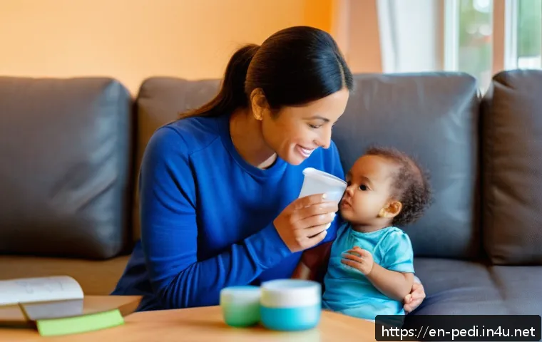 아이들의 구토와 설사 대처 방법 - A caring mother gently giving her toddler small sips of pediatric electrolyte solution from a small ...