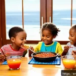 소아 빈혈 원인과 철분 보충법 - A warm, inviting kitchen scene showing a diverse group of children aged 3 to 10 happily eating a col...