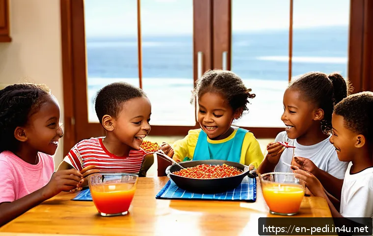 소아 빈혈 원인과 철분 보충법 - A warm, inviting kitchen scene showing a diverse group of children aged 3 to 10 happily eating a col...
