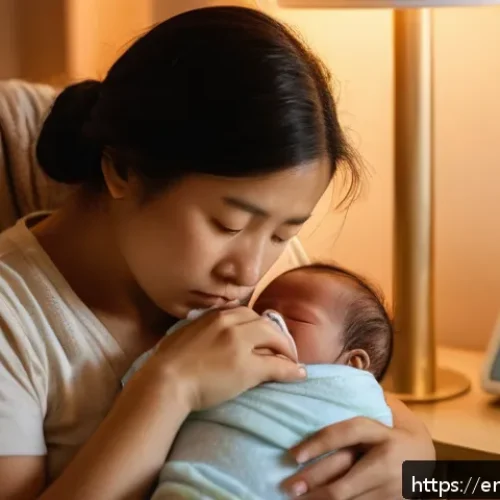 아기 감기와 독감 차이점 - A tender scene of a worried parent gently holding a sick infant wearing a soft diaper, sitting on a ...