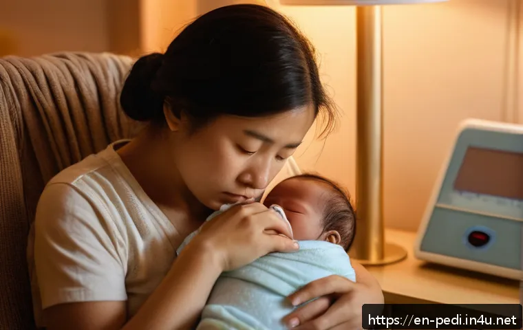 아기 감기와 독감 차이점 - A tender scene of a worried parent gently holding a sick infant wearing a soft diaper, sitting on a ...
