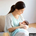 아기 체중 미달 원인과 개선 방법 - A warm, cozy nursery scene showing a mother gently breastfeeding her baby who is wearing a soft diap...