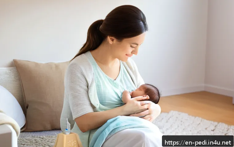 아기 체중 미달 원인과 개선 방법 - A warm, cozy nursery scene showing a mother gently breastfeeding her baby who is wearing a soft diap...