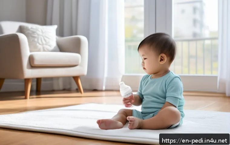 소아 중이염 치료와 재발 방지 방법 - A cozy family living room scene showing a young toddler wearing a clean diaper sitting comfortably o...