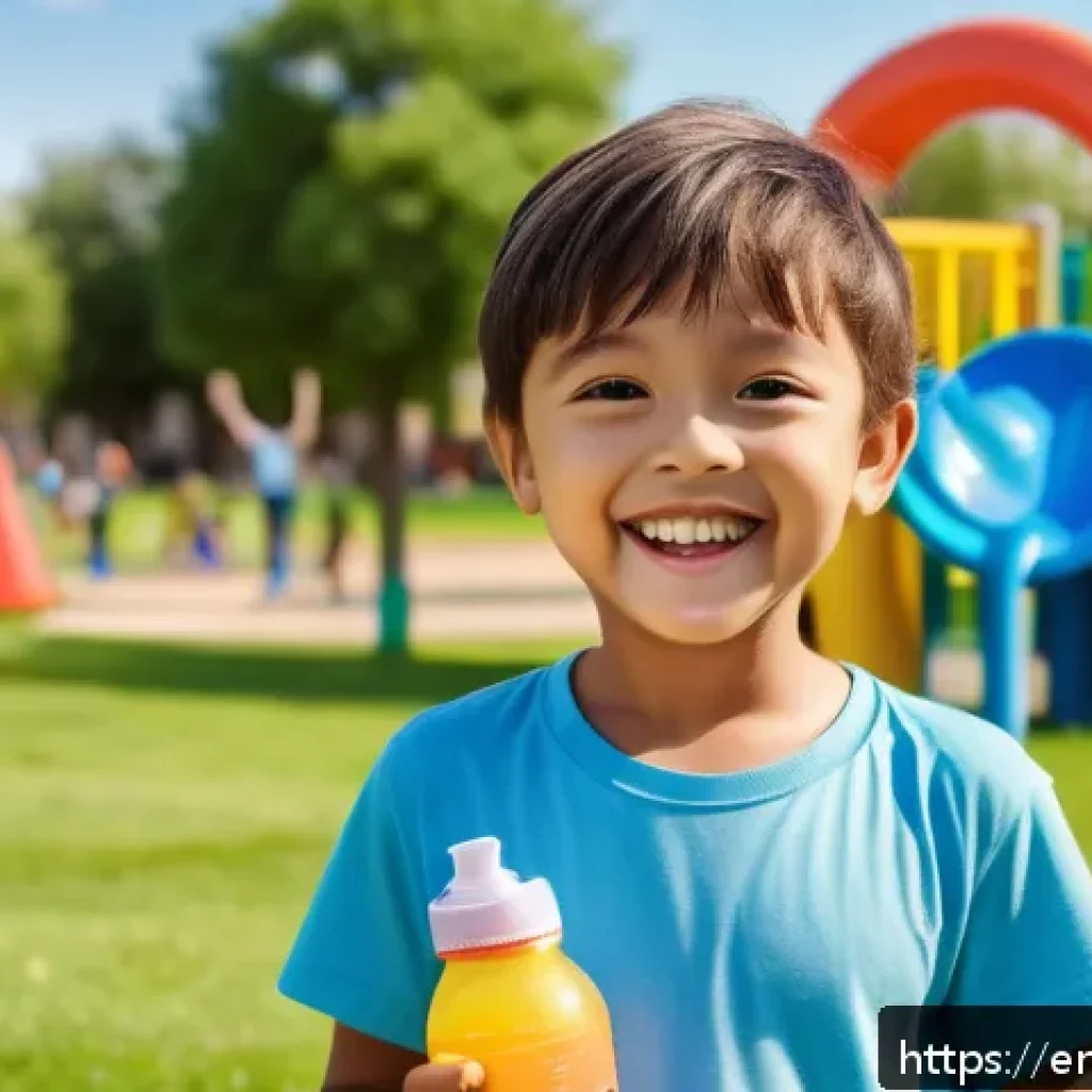 아이들의 탈수 증상과 병원 방문 시기 - A cheerful young child wearing colorful casual clothes and a fun water bottle decorated with sticker...