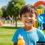 아이들의 탈수 증상과 병원 방문 시기 - A cheerful young child wearing colorful casual clothes and a fun water bottle decorated with sticker...
