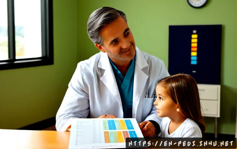 소아과에서 다루는 유전 질환 검사 - Photorealistic pediatric genetics consultation in a bright, welcoming American children’s clinic, ca...