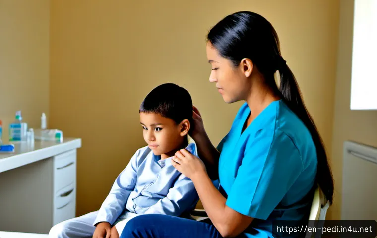 아이들의 탈모 증상과 소아과 치료법 - Photorealistic pediatric clinic consultation, caring pediatrician gently examining a school-age chil...