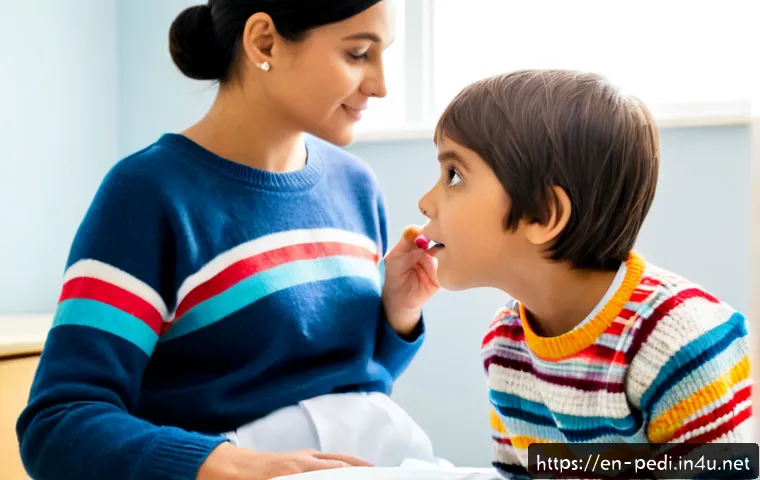 소아 구내염과 헤르페스 차이 - Photorealistic pediatric clinic consultation, caring American family doctor gently examining a seate...