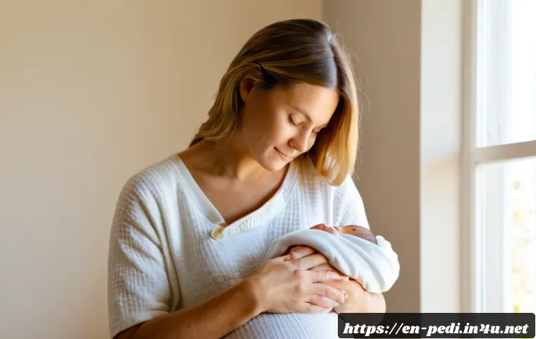 신생아 황달 증상과 병원 진료 기준 - Photorealistic newborn health check at home, a calm parent in casual Western clothing gently holding...