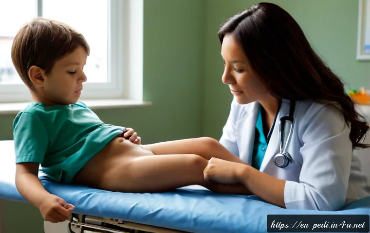 소아 복통 증상과 위장질환 진단 - Photorealistic pediatric clinic scene, a fully clothed elementary-school-age child sitting comfortab...